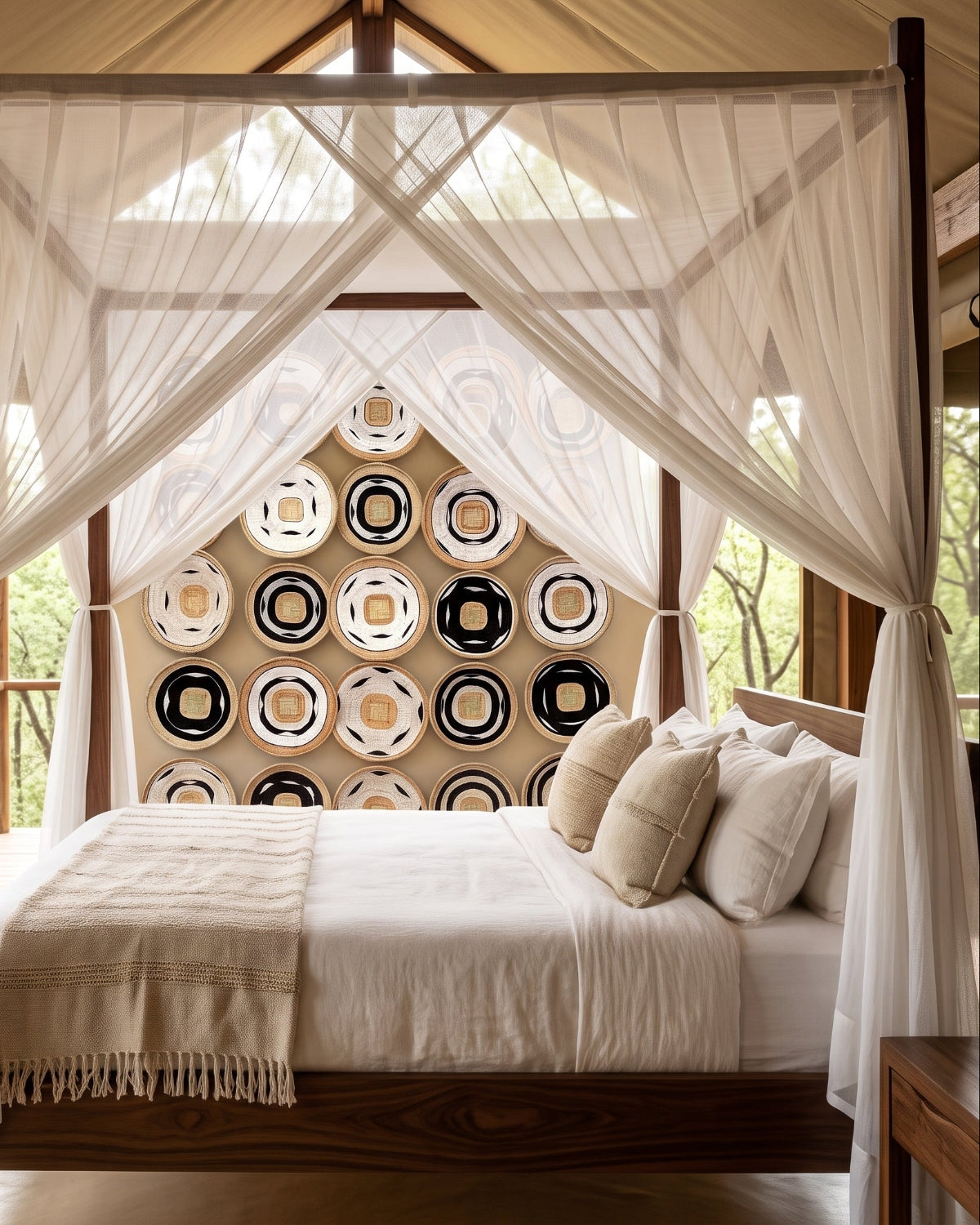 A luxury four-poster canopy bed with white drapes, set in a rustic cabin with a decorative wall art made from basketry.