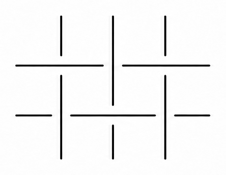 Minimalistisches schwarzes Linienmuster auf weißem Hintergrund, das an ein geometrisches Raster oder ein Flechtmuster erinnert.
