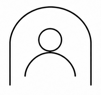 Minimalistisches schwarzes Linien-Icon einer Person unter einem Bogen auf weißem Hintergrund.
