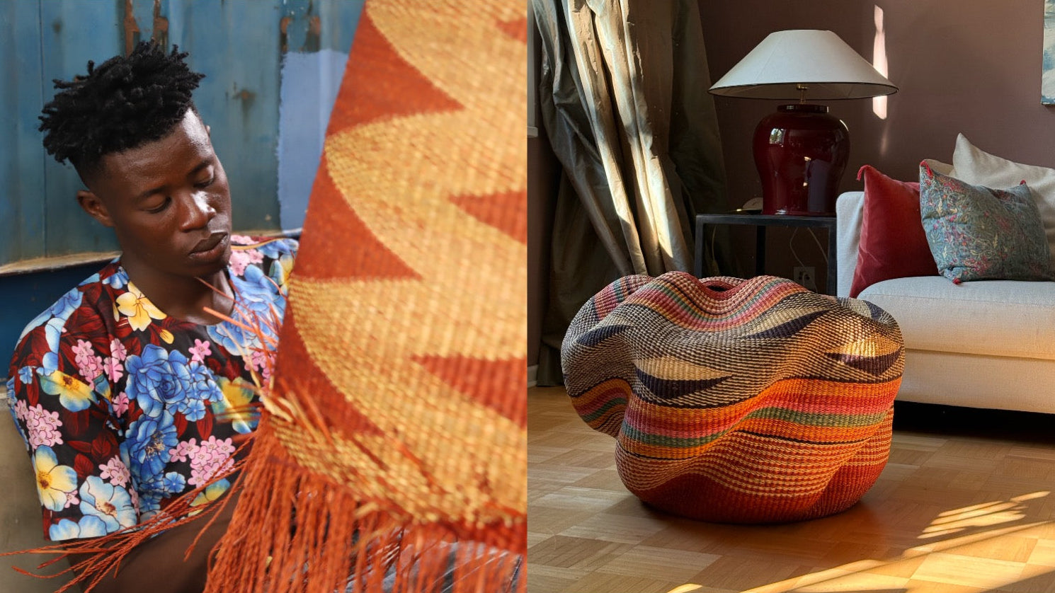 A split-screen lifestyle image showcasing abeautiful interior with African basketry and the artisans crafting it.