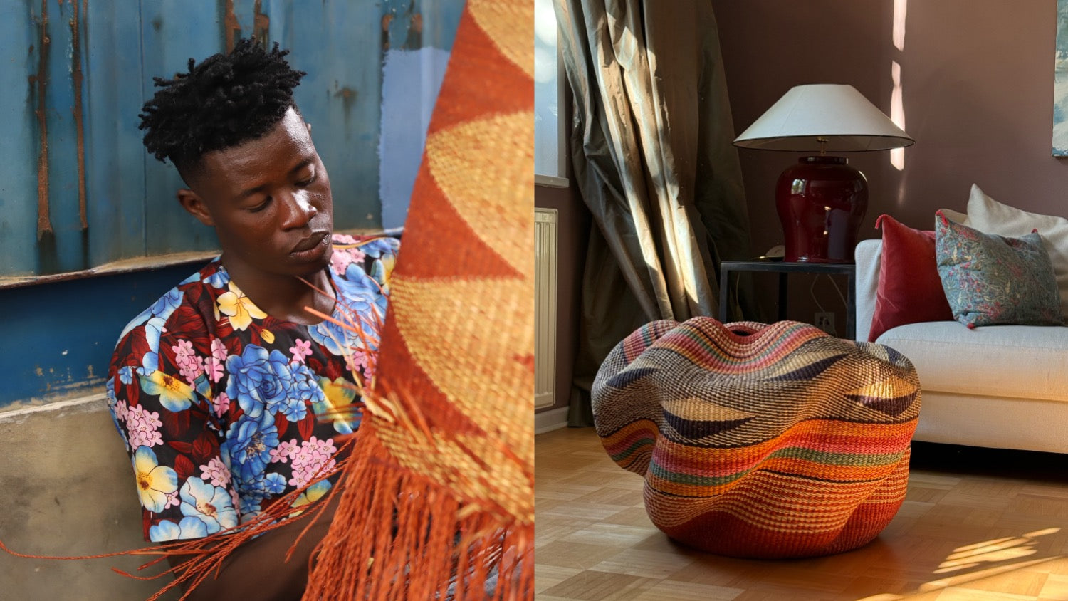 A split-screen lifestyle image showing a man weaving a large orange and brown basket on the left, and the finished woven basket in a modern living room on the right.