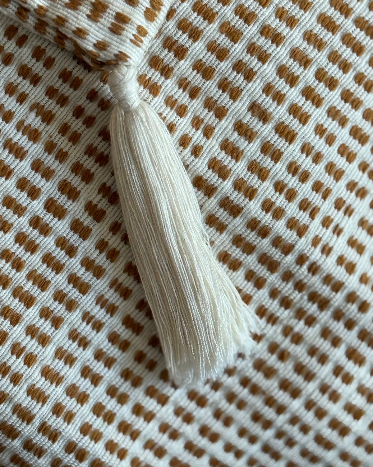 Close-up of a woven textile with a repeating brown and off-white check pattern and a cream tassel tie at the top.