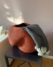 A large, organic-shaped woven basket in terracotta orange sits on a dark metal side table in a living room setting. A gray and white herringbone throw blanket with white tassels is draped over the basket.