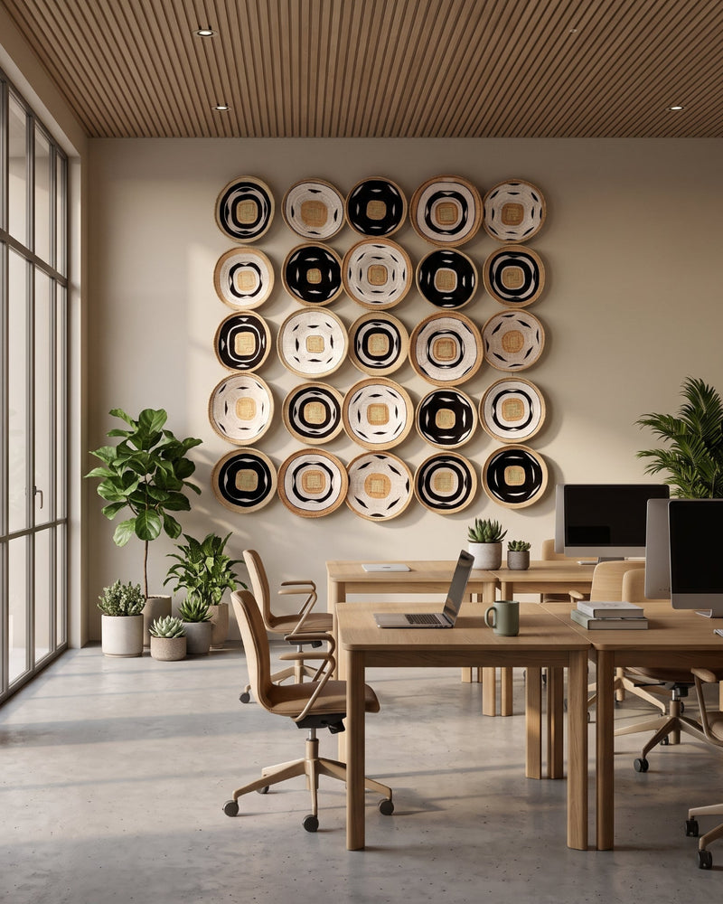A modern office interior with light wood desks, beige chairs, potted plants, and a large wall-mounted circular decor piece made of many concentric rings in black, white, and natural wood tones.