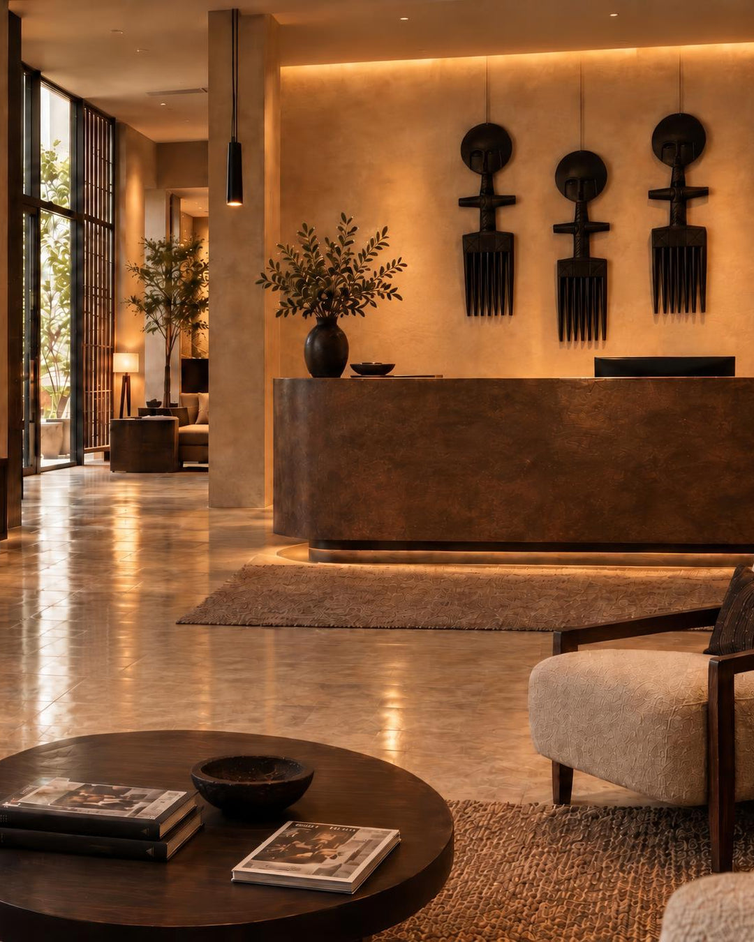 A luxury modern lobby interior with warm beige walls, polished stone floors, a dark wood reception desk, sculptural wall decor, a round coffee table, and upholstered seating.