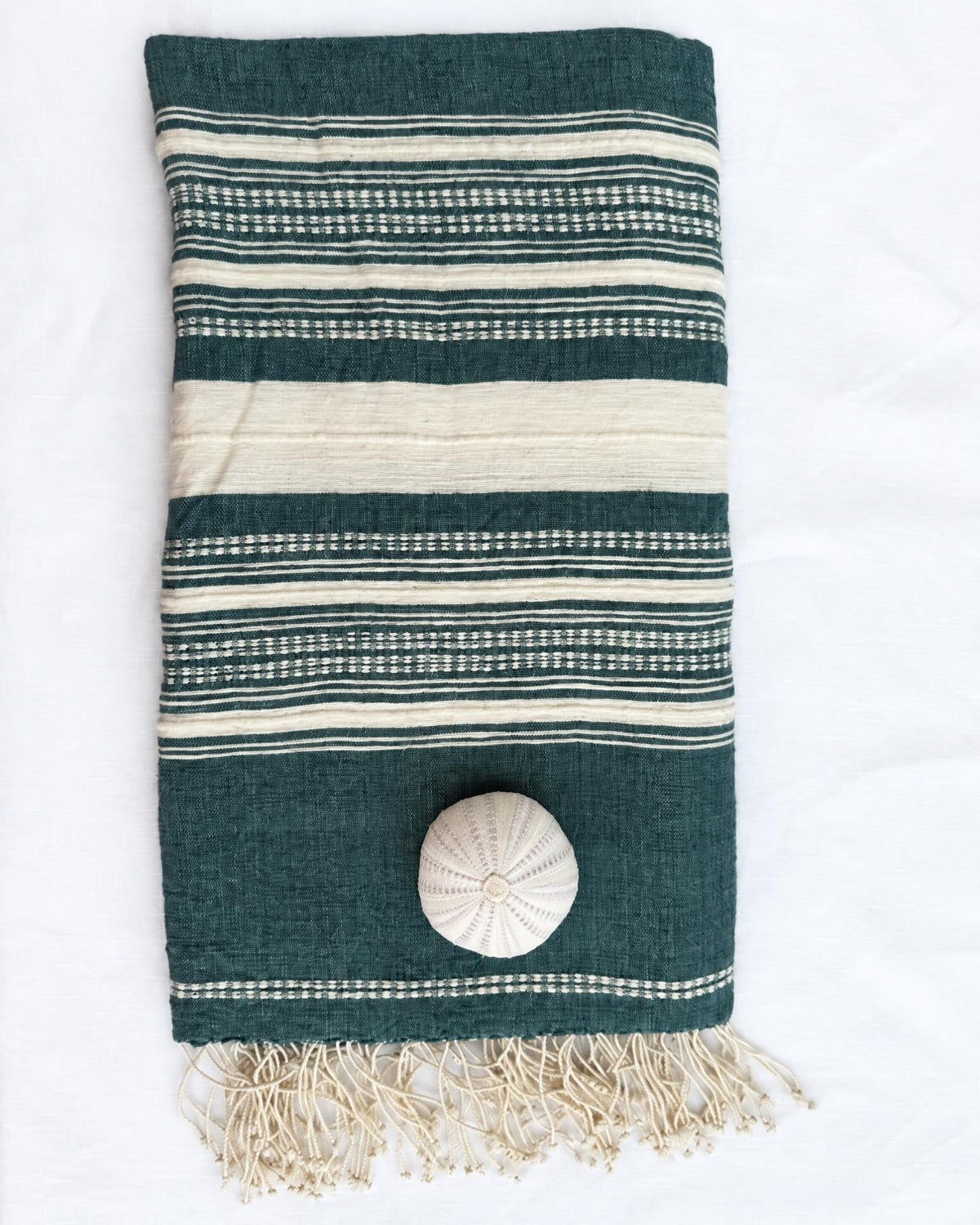 A folded dark green and cream striped woven throw blanket with fringe tassels and a round decorative accent, laid flat on a white background.