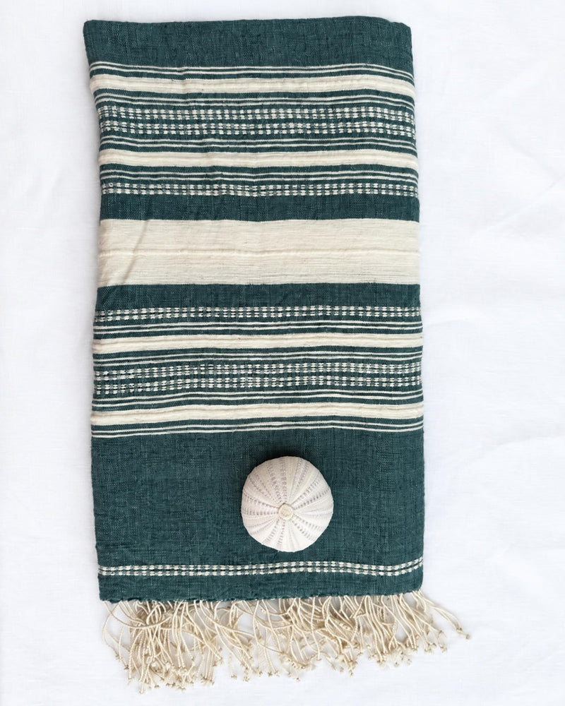 A folded dark green and cream striped woven throw blanket with fringe tassels and a round decorative accent, laid flat on a white background.