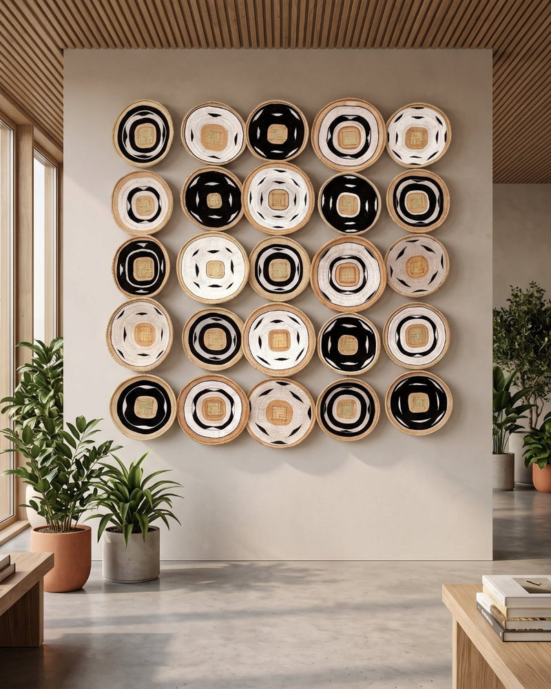 A set of 20 round baskets brought together as an installation of wall art arranged in a 4x5 grid on a beige wall in a modern, sunlit room with plants and wood flooring.