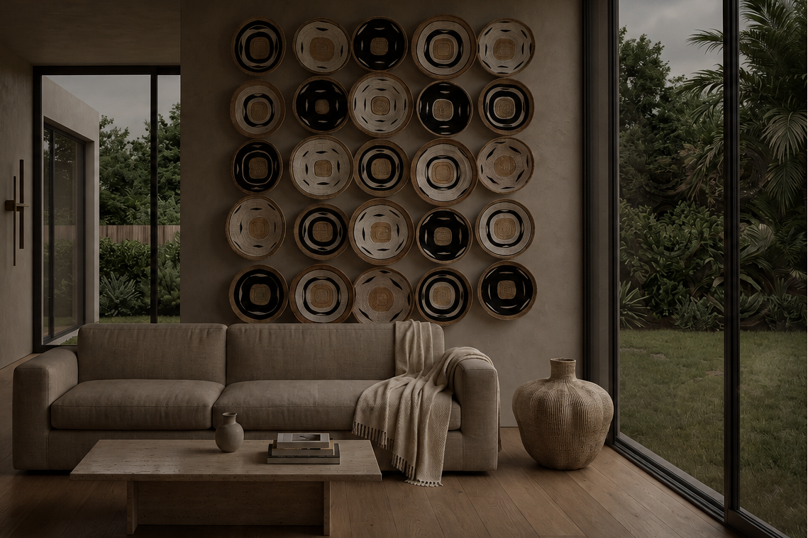A modern living room with a light beige sofa, a low wooden coffee table, and a large wall-mounted grid of circular decorative wall art in black, beige, and white. Large windows reveal a lush green garden outside.